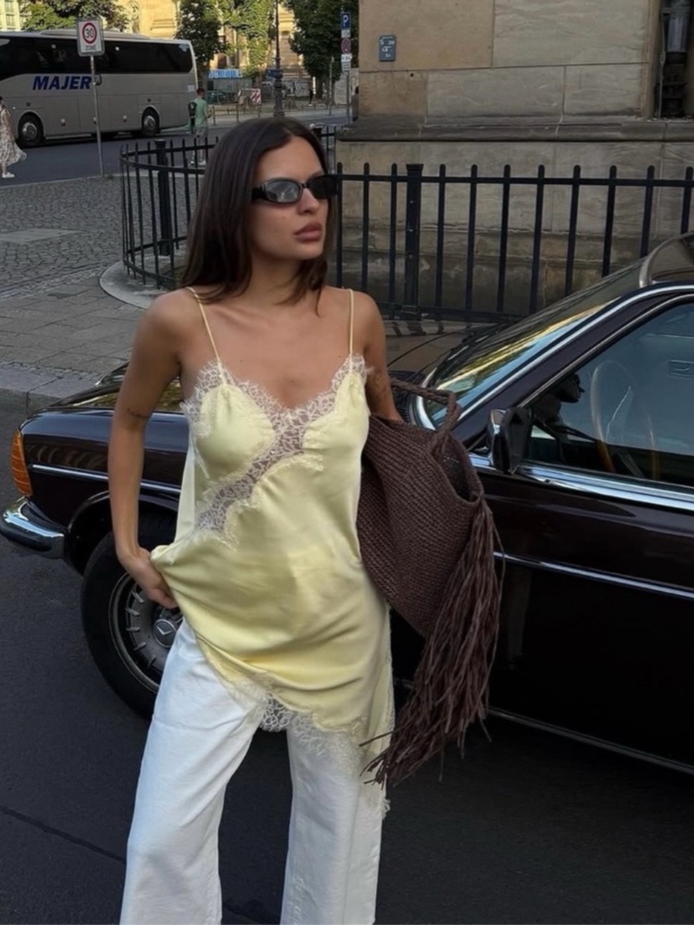 Zara Yellow Satin Lace Asymmetrical Top